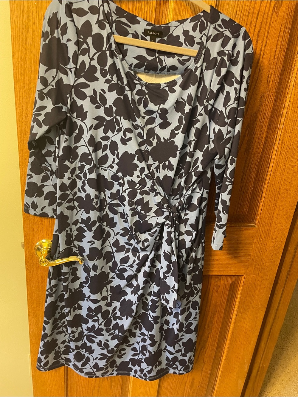 Talbots Light Blue and Black Floral Wrap-Front Midi Dress